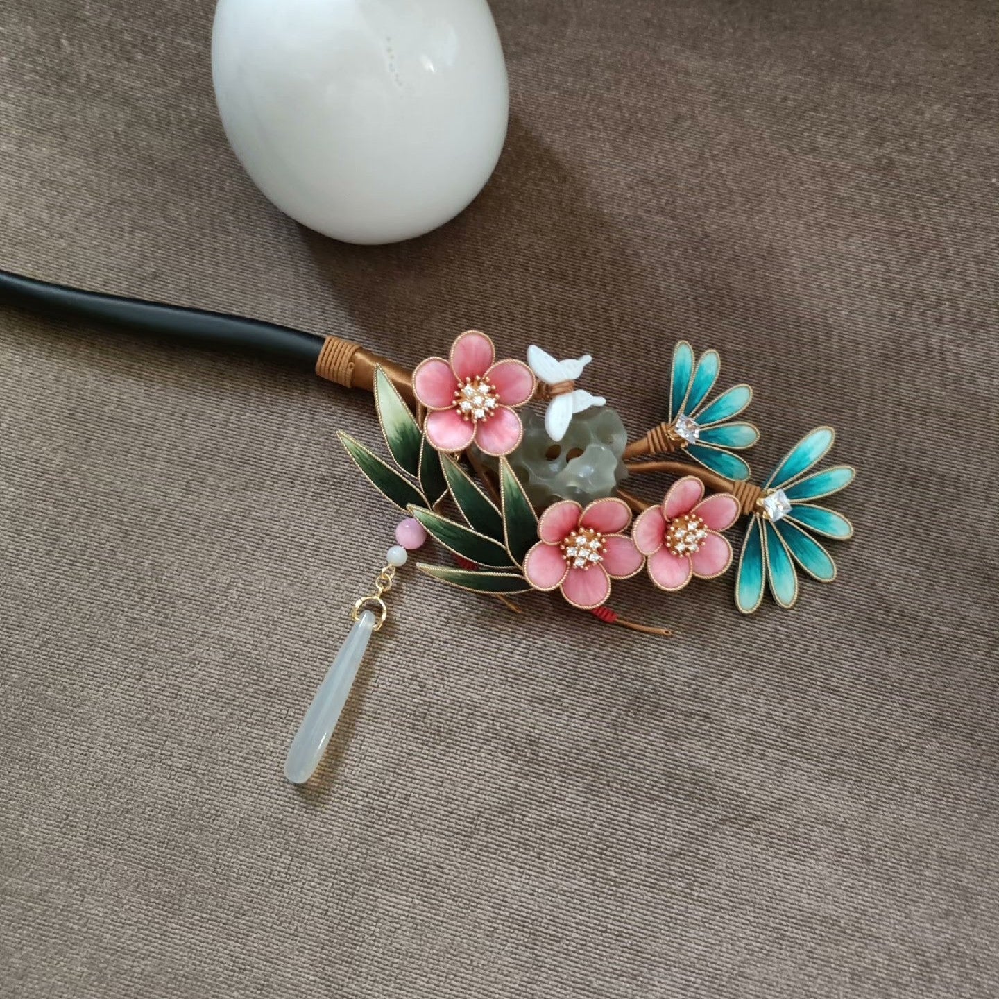 Handmade Ronghua Pine Bamboo Plum Hairpin - Pink & Teal with Jade Drop