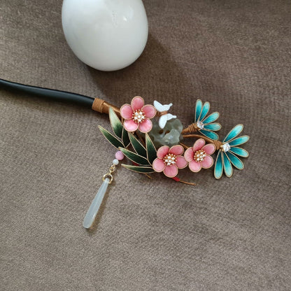 Handmade Ronghua Pine Bamboo Plum Hairpin - Pink & Teal with Jade Drop