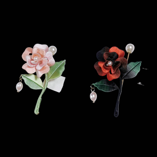 Handmade Chanhua Mini Rose Brooch - Pearl Drop on Stem