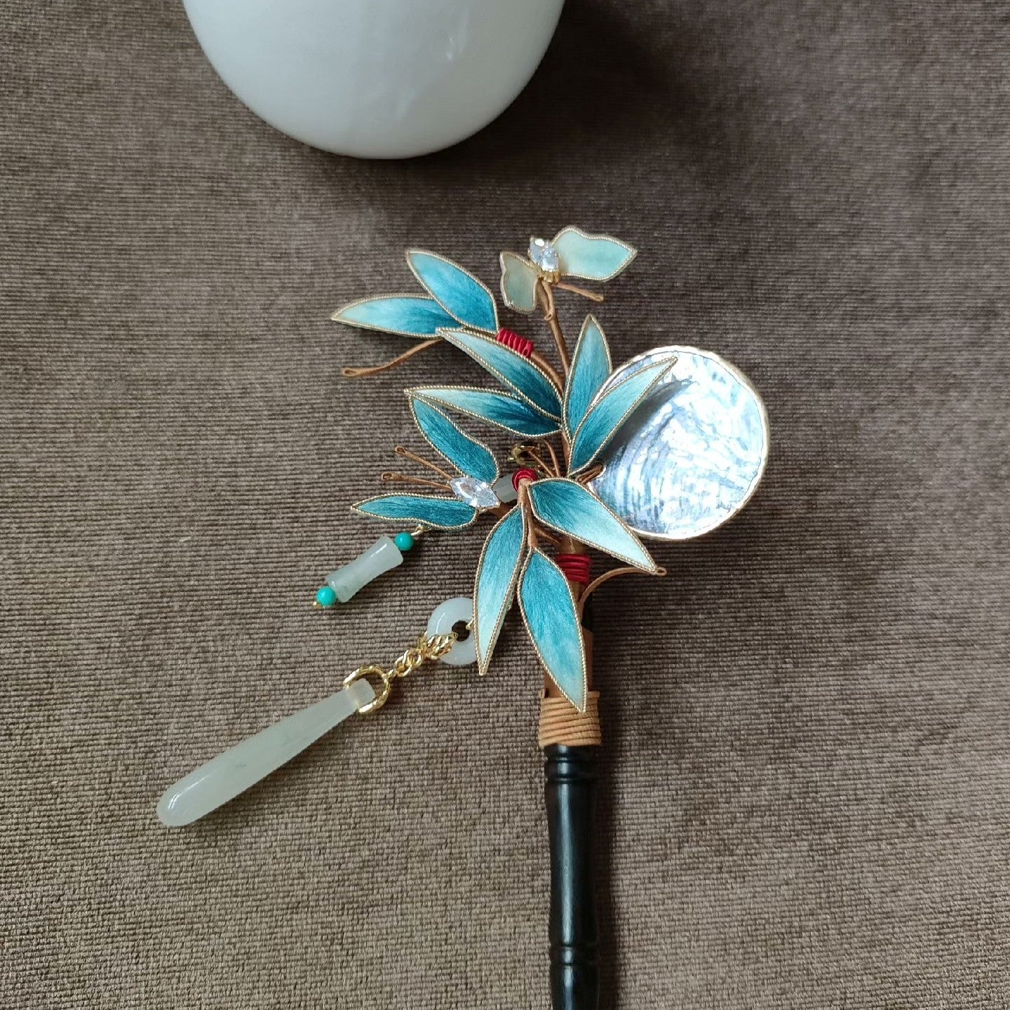 Handmade Ronghua Bamboo & Butterfly Hairpin - Teal with Jade & Crystal