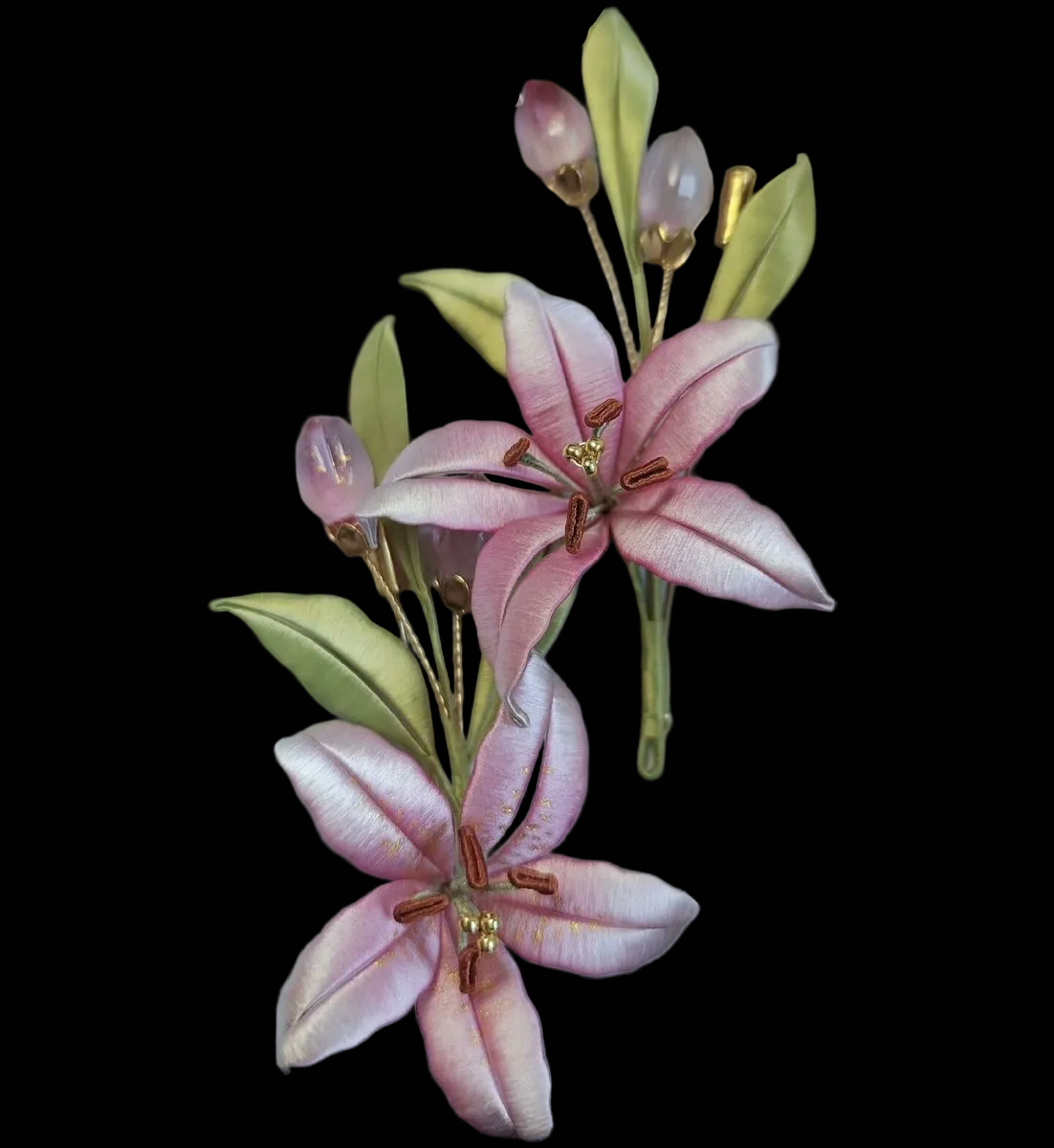 Handcrafted Chanhua pink lily brooch featuring thread-wrapped gradient petals, yellow stamens, and green leaves.