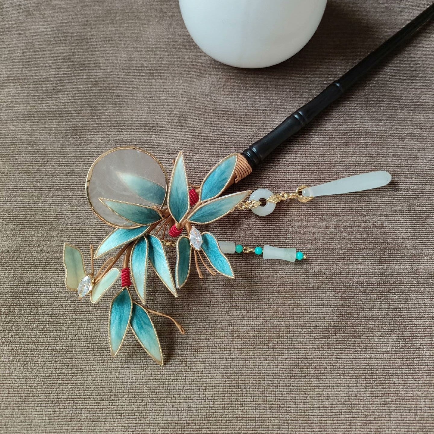 Handmade Ronghua Bamboo & Butterfly Hairpin - Teal with Jade & Crystal