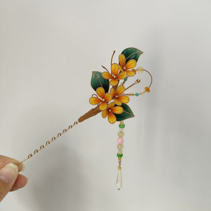 Handmade Ronghua Osmanthus Hairpin - Gold Edge with Beaded Chain Drop