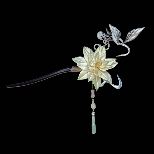 Handcrafted Chanhua thread-wrapped hairpin featuring a multi-layered cream flower, a silver and white crane in flight, and a hanging green teardrop bead.
