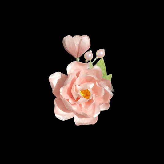 Handcrafted Ronghua Hibiscus brooch featuring soft velvet-textured silk petals in a delicate floral design with pearl accents.