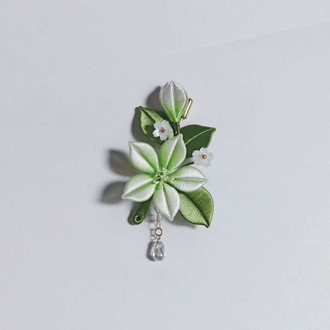 Handmade Chanhua Jasmine Brooch & Hairpin - Green & White with Crystal Drop