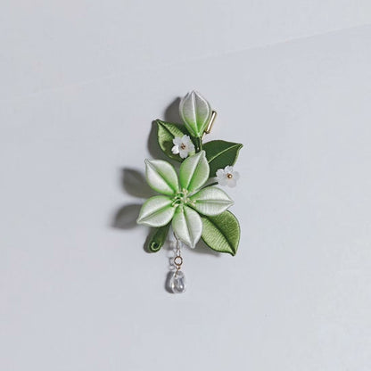Handmade Chanhua Jasmine Brooch & Hairpin - Green & White with Crystal Drop