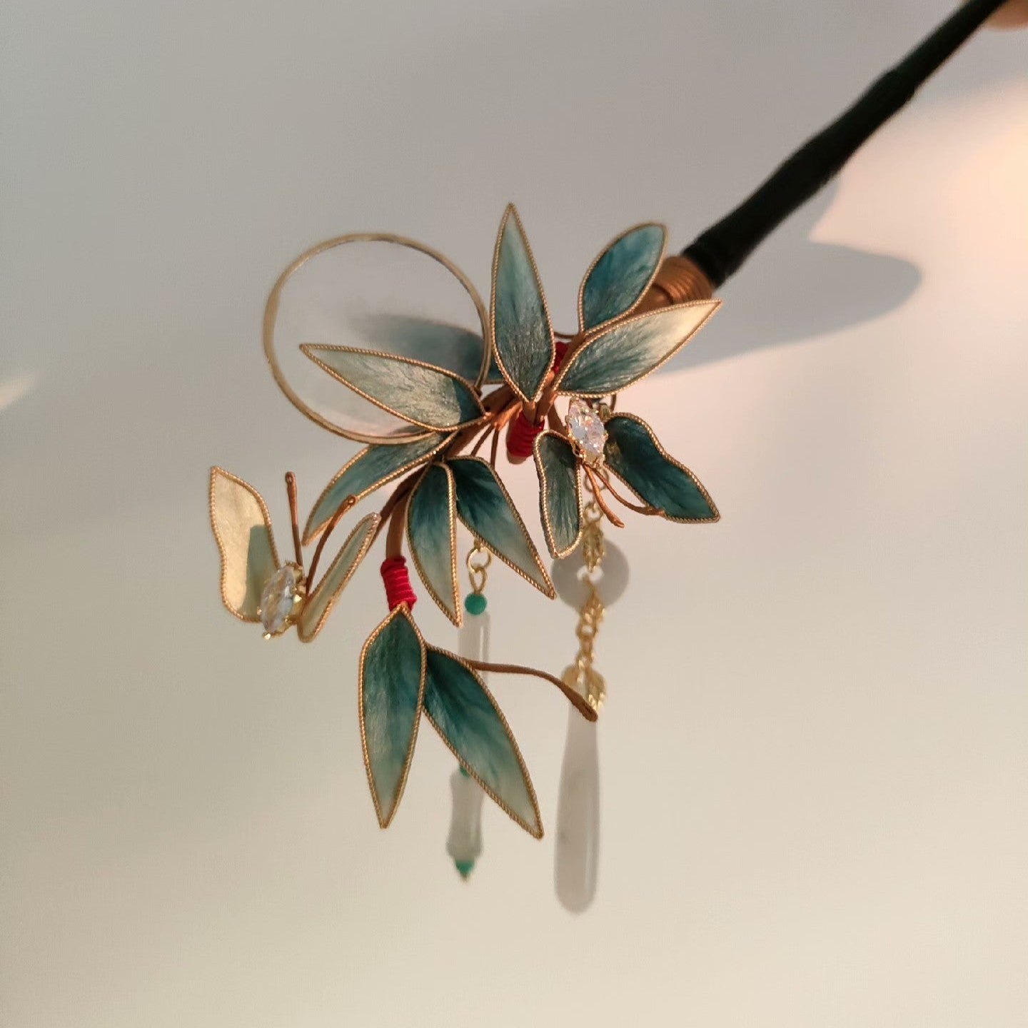 Handmade Ronghua Bamboo & Butterfly Hairpin - Teal with Jade & Crystal