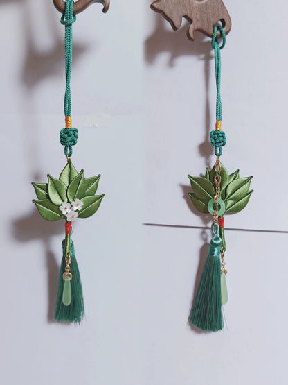 Handmade Chanhua Pomelo Leaf Pendant - Jade Ring & Tassel - Bag, Car & Home Charm
