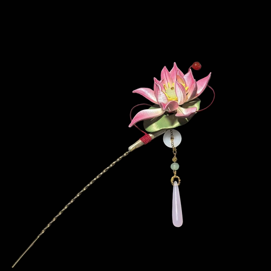 Handcrafted Chanhua lotus hairpin featuring pink and white thread-wrapped petals, green leaves, and decorative bead accents.
