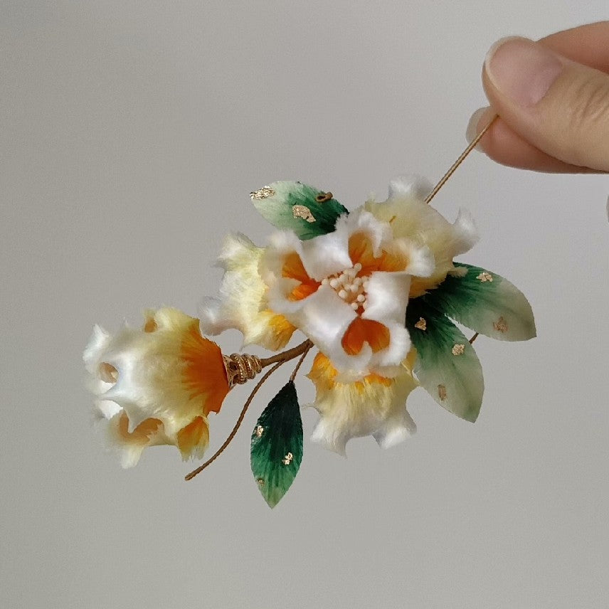 Handmade Ronghua Iris Brooch - Pink & Teal with Gold Detail