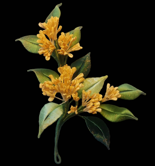 Handcrafted Chanhua Osmanthus brooch featuring clusters of thread-wrapped golden flowers and green leaves with gold-tone accents.