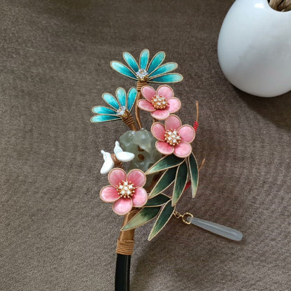 Handmade Ronghua Pine Bamboo Plum Hairpin - Pink & Teal with Jade Drop