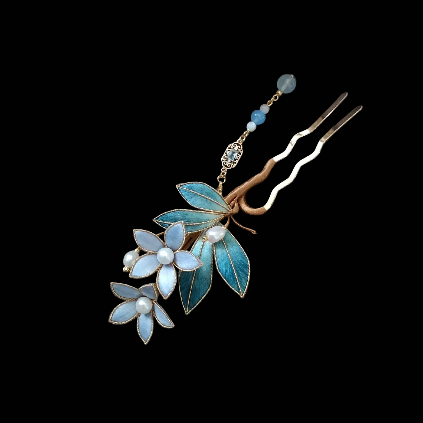 Close-up of Ronghua Liyou hairpin showing teal velvet leaves with gold edge trim and soft blue petals with pearl center detail
