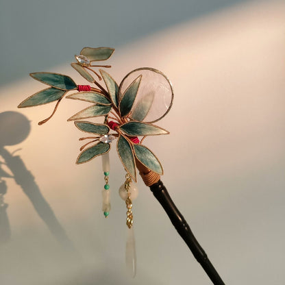 Handmade Ronghua Bamboo & Butterfly Hairpin - Teal with Jade & Crystal