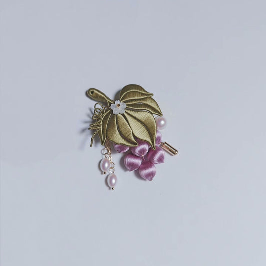Handmade Chanhua Grape Brooch - Gold Leaf with Pearl Drop
