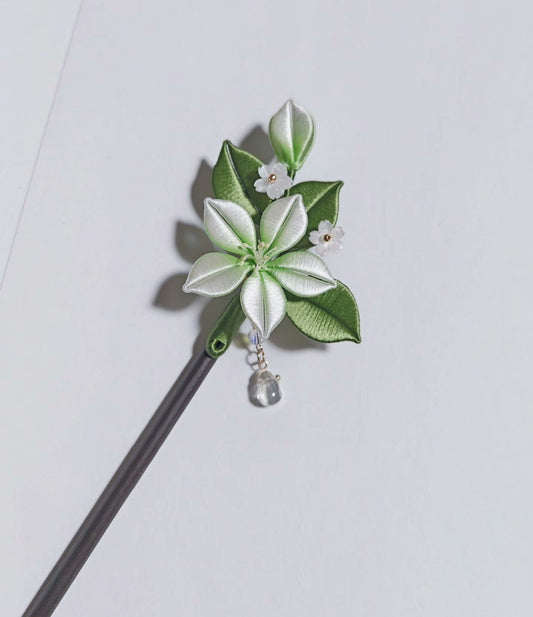Handmade Chanhua Jasmine Brooch & Hairpin - Green & White with Crystal Drop