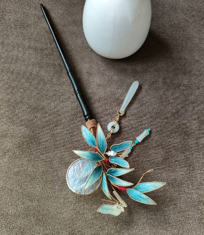 Handmade Ronghua Bamboo & Butterfly Hairpin - Teal with Jade & Crystal