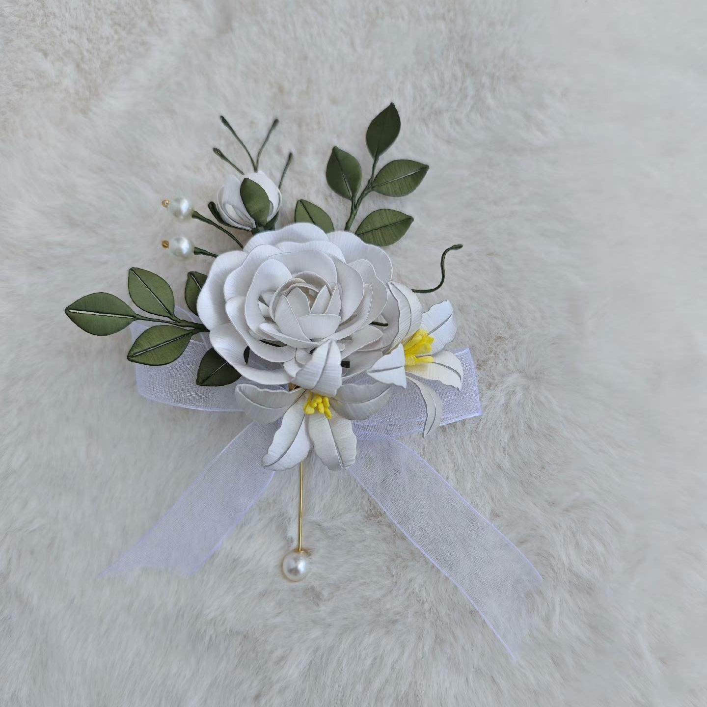 White Flower Bespoke Brooch - Silk Brooch(Chanhua)