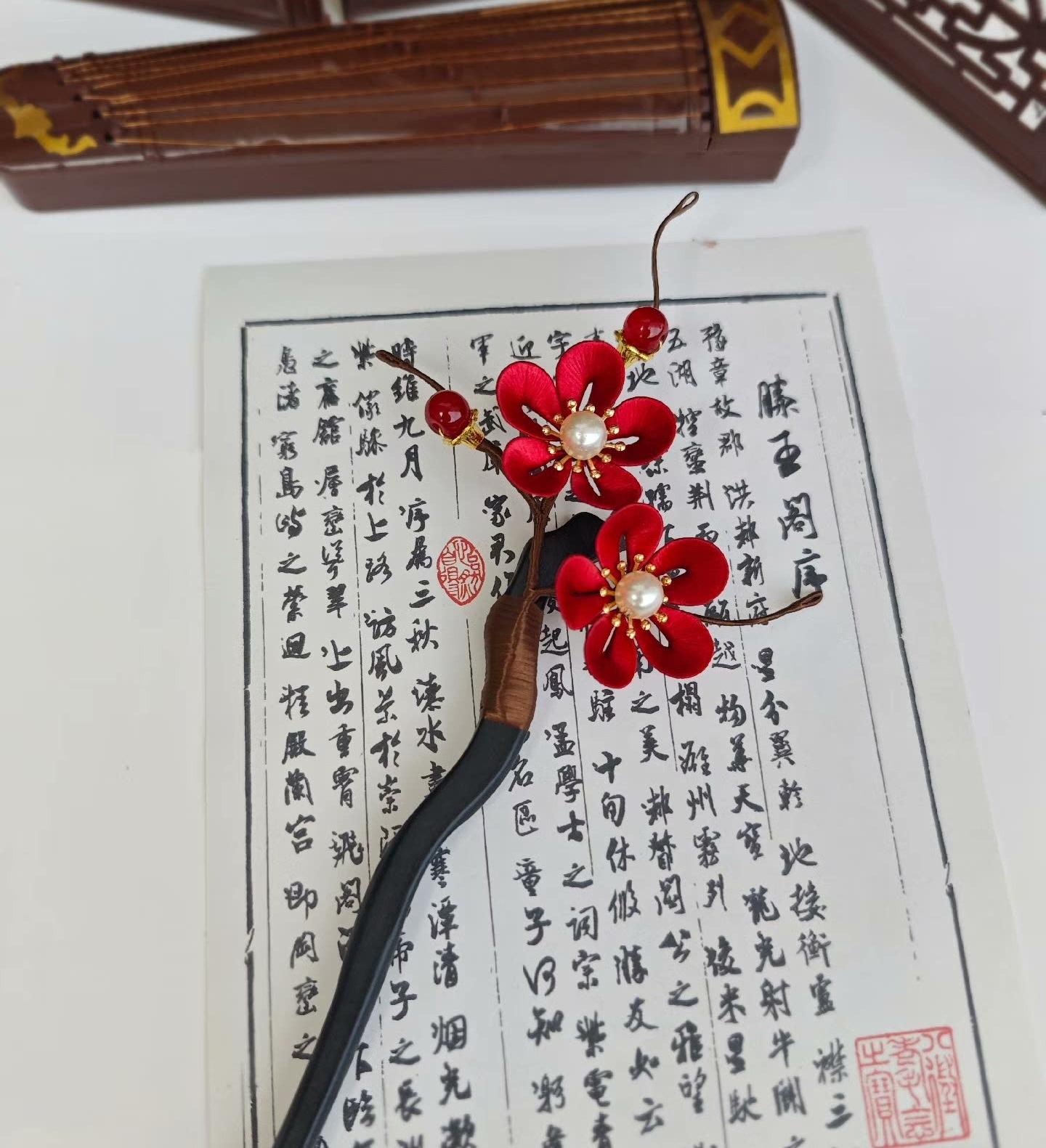 Red Plum Blossom Handmade Hairpin - Silk Hairpin(Chanhua)