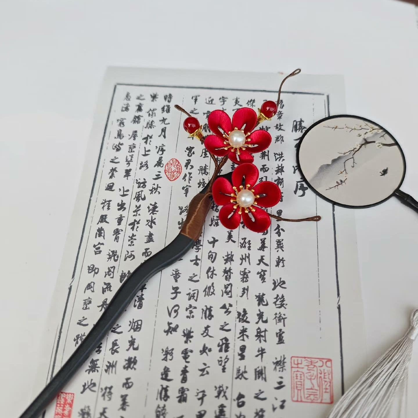 Red Plum Blossom Handmade Hairpin - Silk Hairpin(Chanhua)