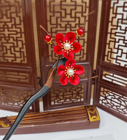 Red Plum Blossom Handmade Hairpin - Silk Hairpin(Chanhua)