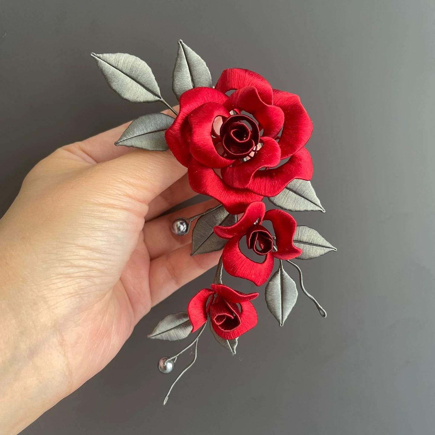 Red Rose Bespoke Hairpin - Silk Hairpin(Chanhua)