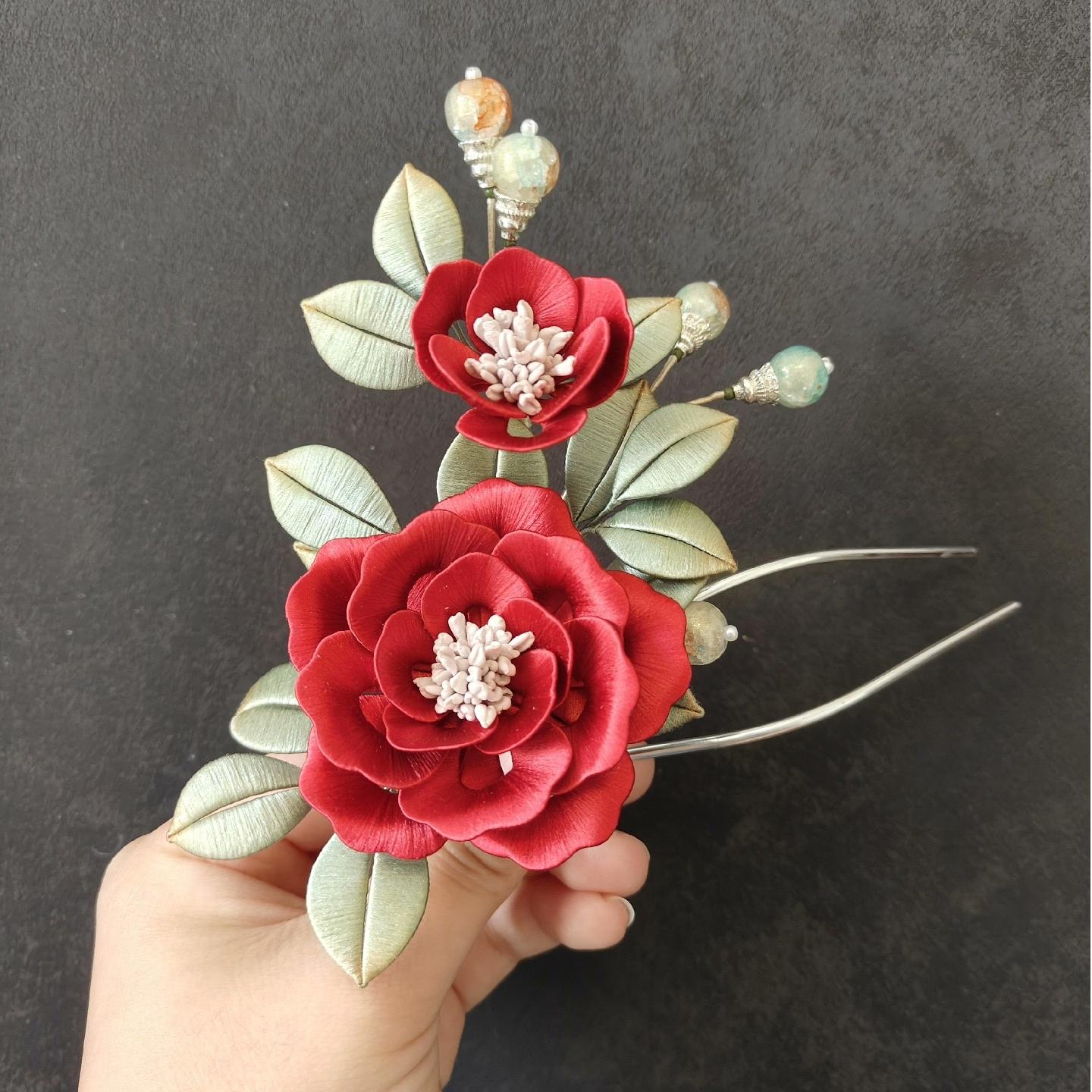 Red Peony Bespoke Hairpin - Silk Hairpin(Chanhua)