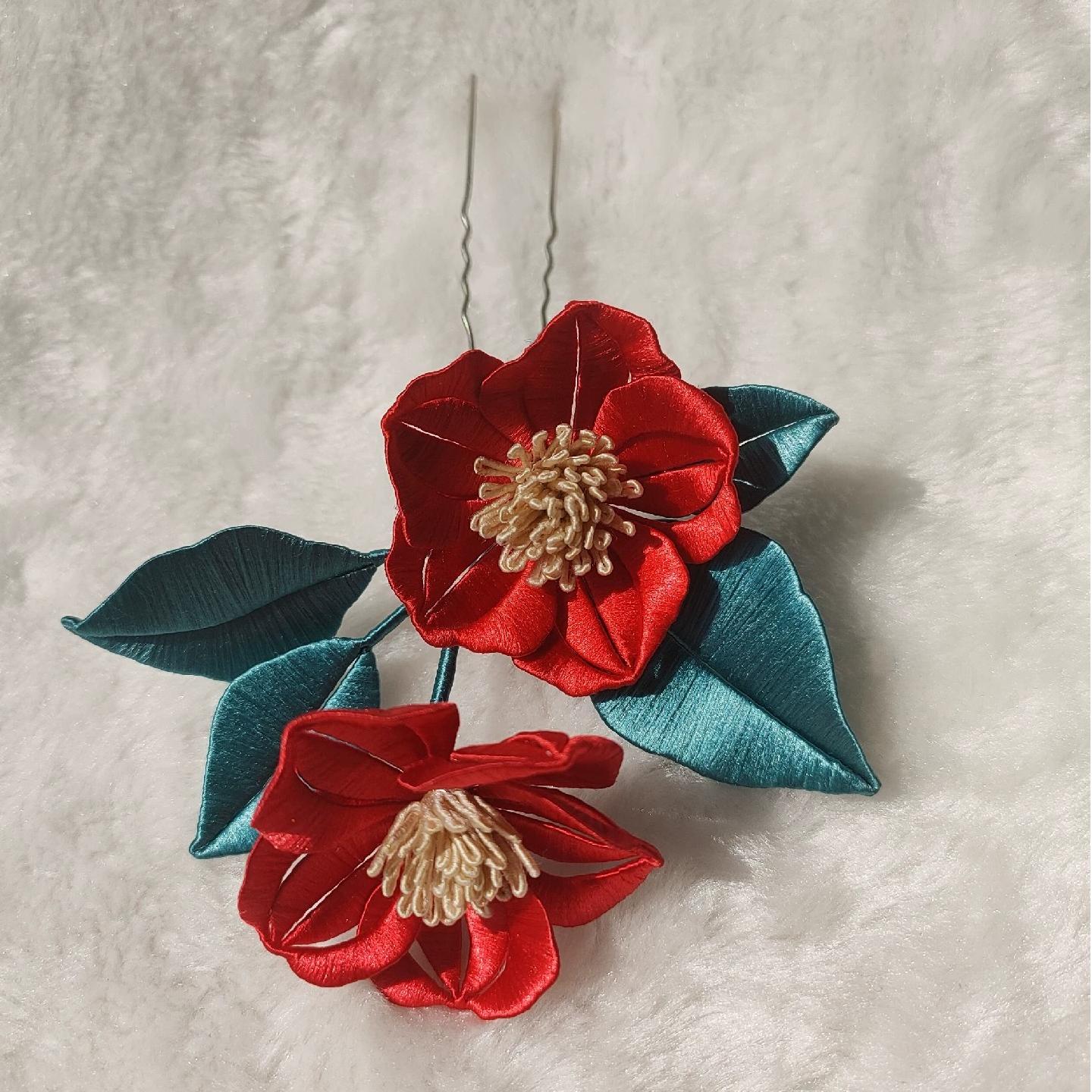 Red Camellia Bespoke Hairpin - Silk Hairpin(Chanhua)