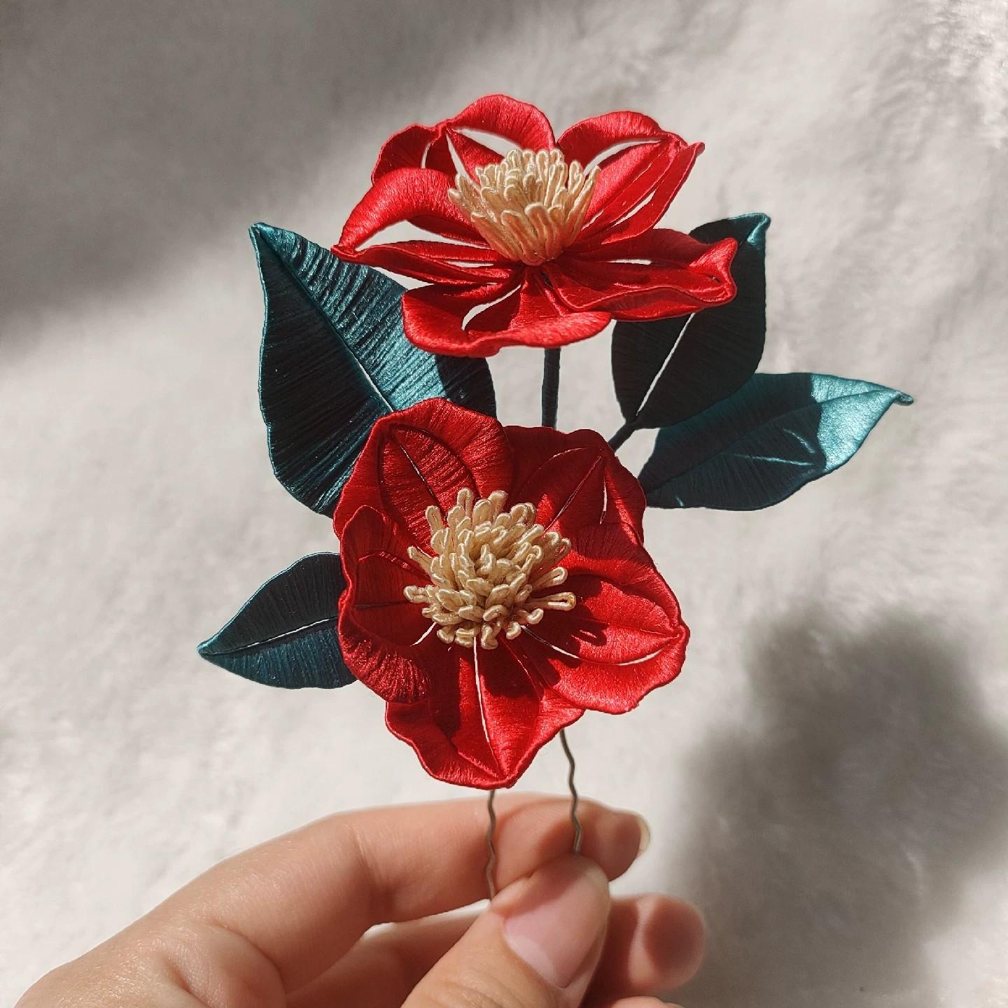 Red Camellia Bespoke Hairpin - Silk Hairpin(Chanhua)