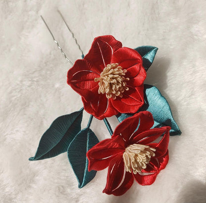 Red Camellia Bespoke Hairpin - Silk Hairpin(Chanhua)