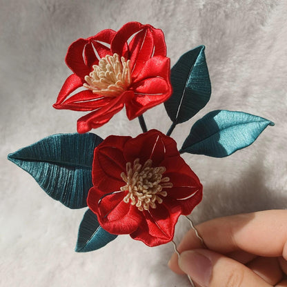 Red Camellia Bespoke Hairpin - Silk Hairpin(Chanhua)