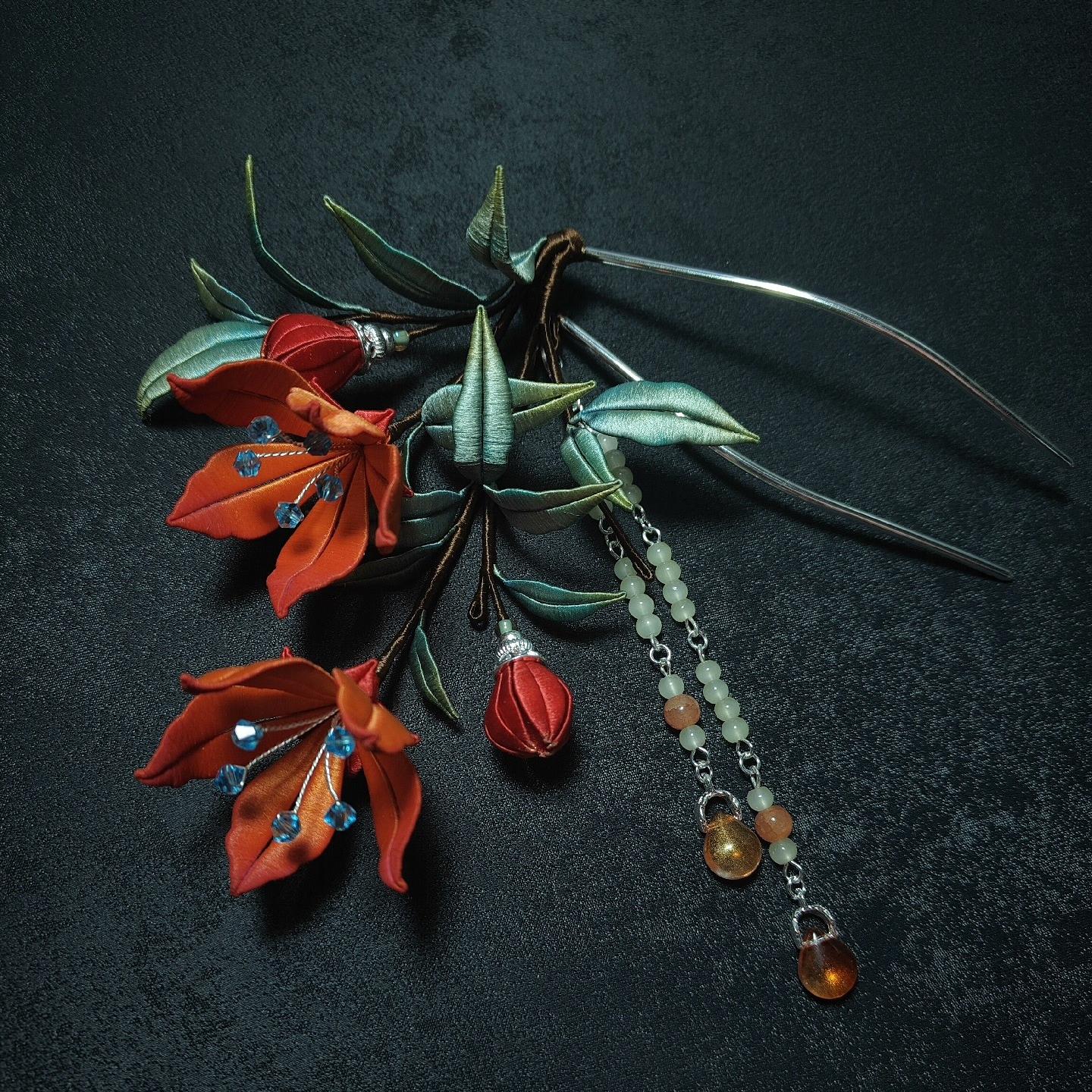 Red Flower Bespoke Hairpin - Silk Hairpin(Chanhua)