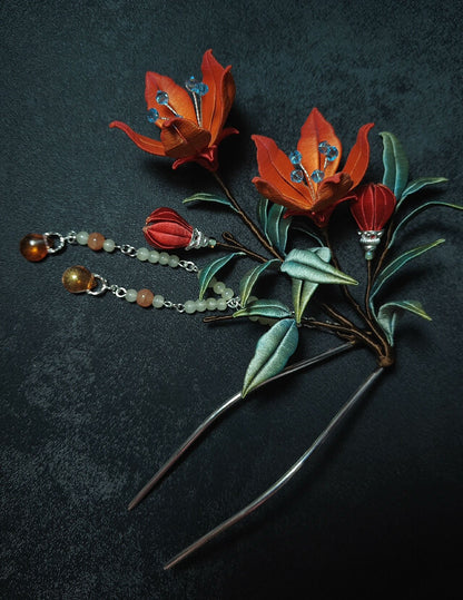 Red Flower Bespoke Hairpin - Silk Hairpin(Chanhua)