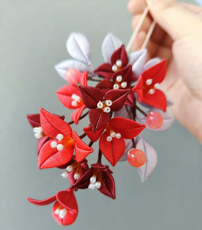 Red Triangle Plum Bespoke Hairpin - Silk Hairpin(Chanhua)