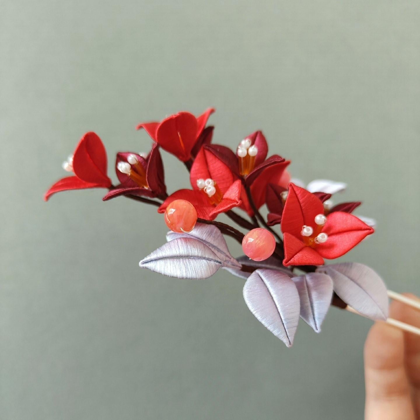 Red Triangle Plum Bespoke Hairpin - Silk Hairpin(Chanhua)