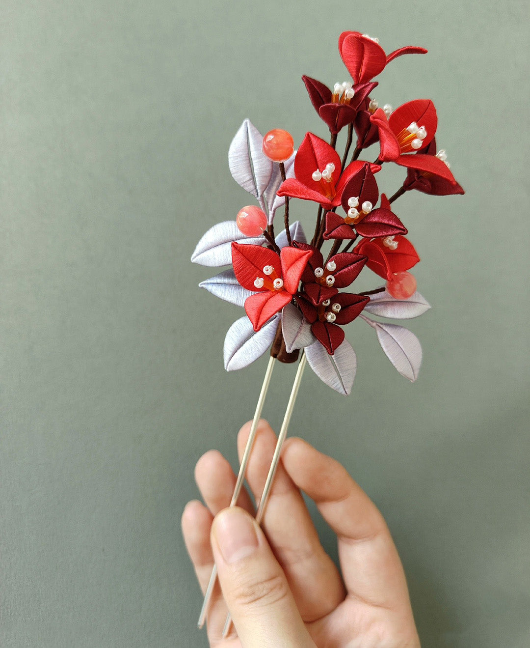 Red Triangle Plum Bespoke Hairpin - Silk Hairpin(Chanhua)