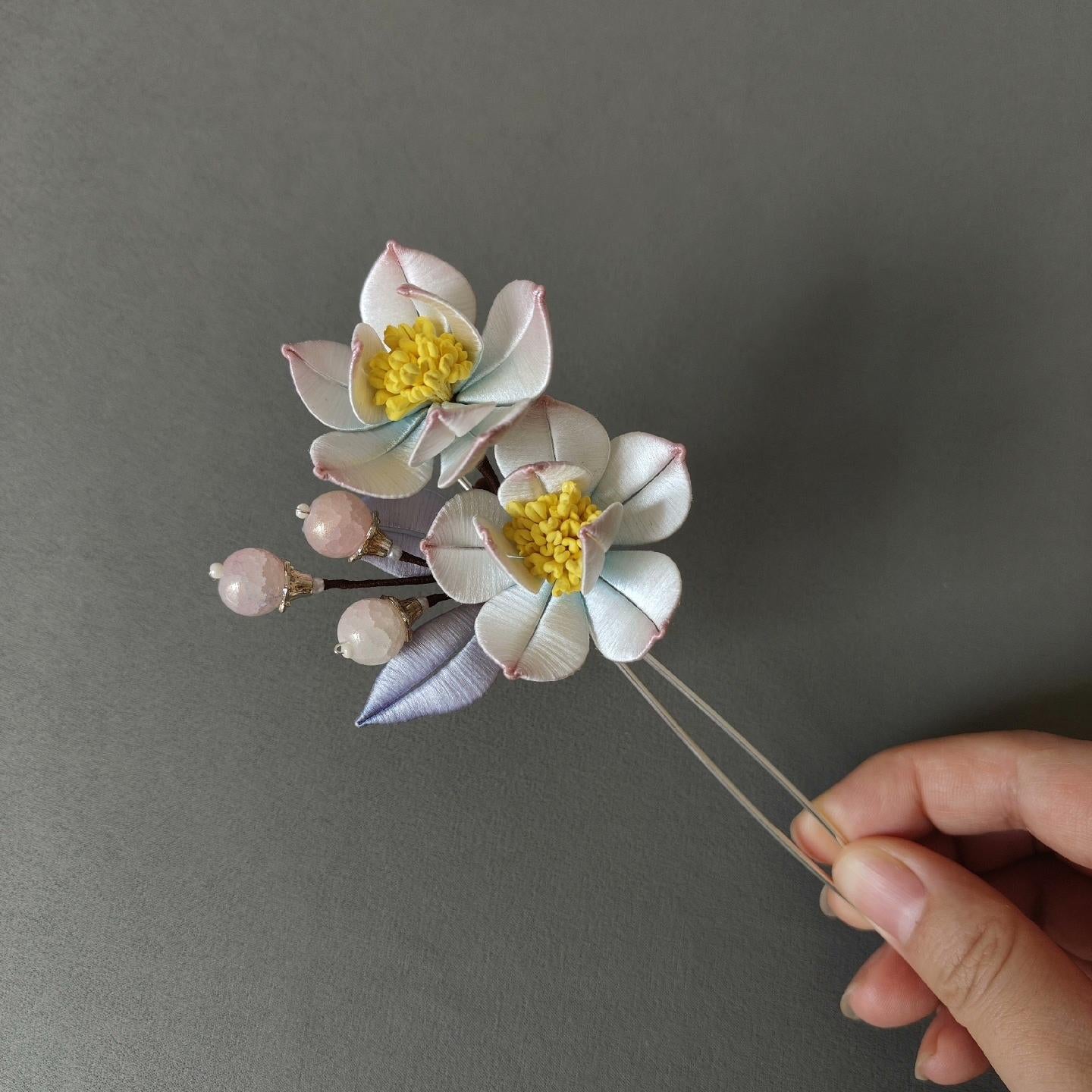 Pink And White Flower Bespoke Hairpin - Silk Hairpin(Chanhua)