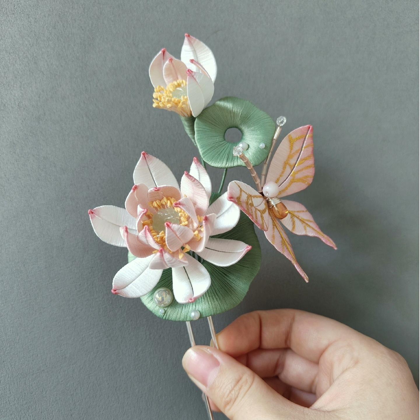 Butterfly And Lotus Bespoke Hairpin - Silk Hairpin(Chanhua)