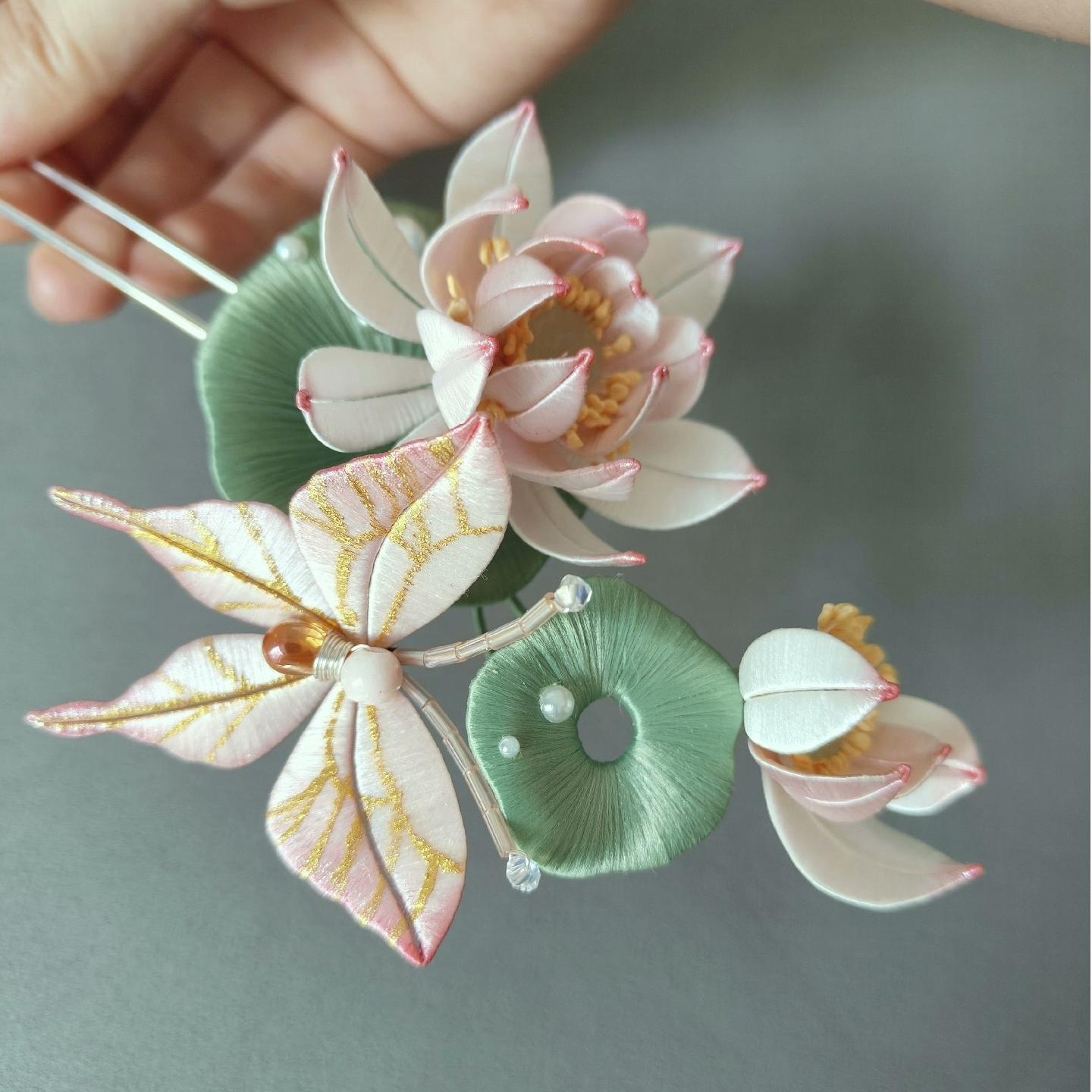 Butterfly And Lotus Bespoke Hairpin - Silk Hairpin(Chanhua)