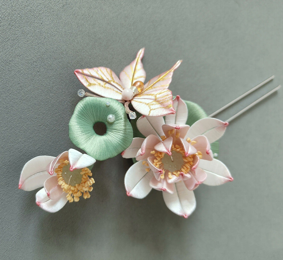 Butterfly And Lotus Bespoke Hairpin - Silk Hairpin(Chanhua)