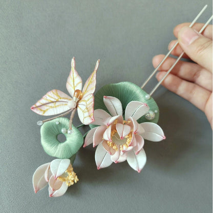 Butterfly And Lotus Bespoke Hairpin - Silk Hairpin(Chanhua)