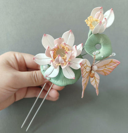 Butterfly And Lotus Bespoke Hairpin - Silk Hairpin(Chanhua)