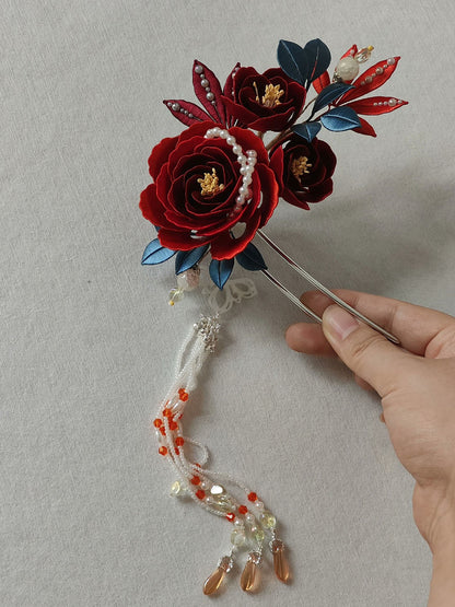 Red Rose Bespoke Hairpin - Silk Hairpin(Chanhua)