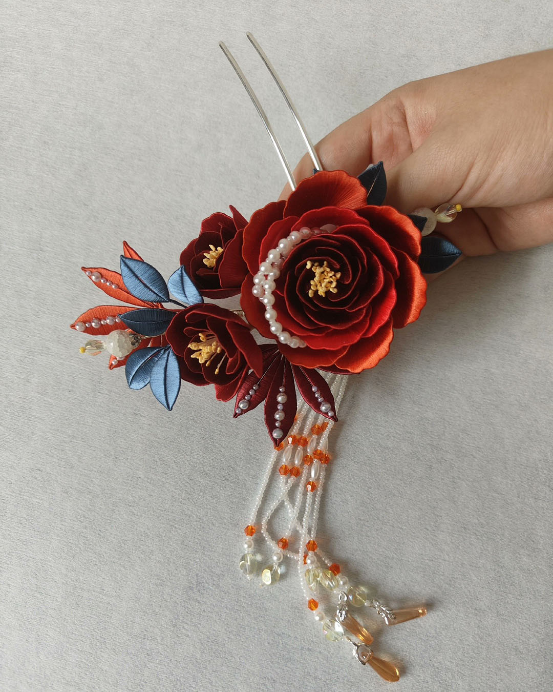 Red Rose Bespoke Hairpin - Silk Hairpin(Chanhua)