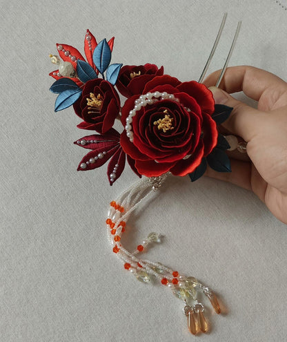 Red Rose Bespoke Hairpin - Silk Hairpin(Chanhua)