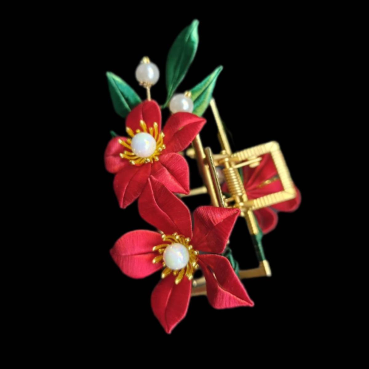 Red Flower Handmade Hairclip - Silk Hairclip(Chanhua)