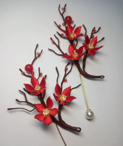 Red Plum Blossom Handmade Brooch - Silk Brooch(Chanhua)