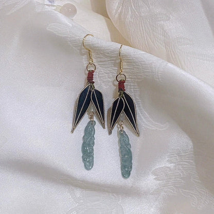 Bamboo Leaf And Jade Bespoke Earrings - Silk Earrings(Ronghua)