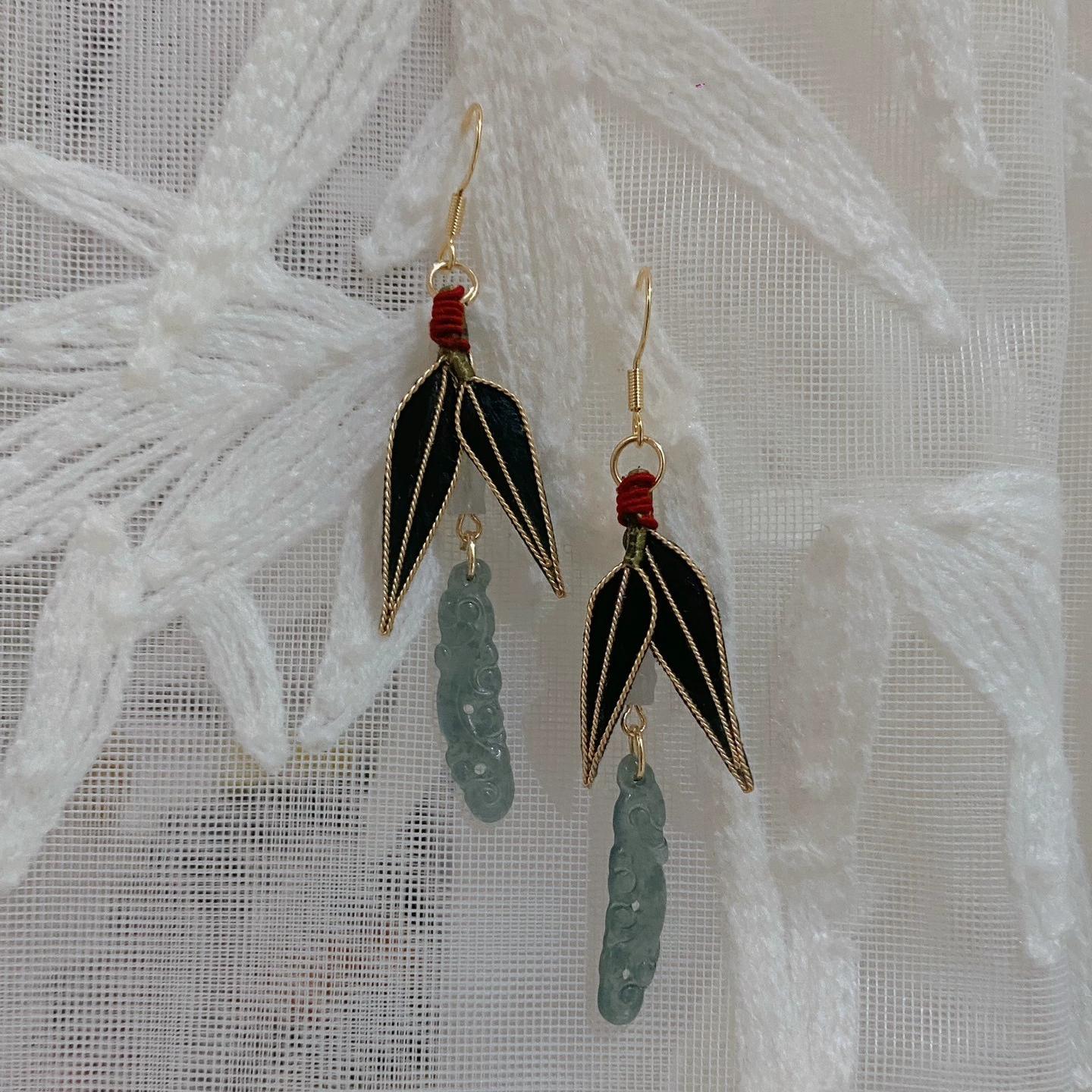 Bamboo Leaf And Jade Bespoke Earrings - Silk Earrings(Ronghua)